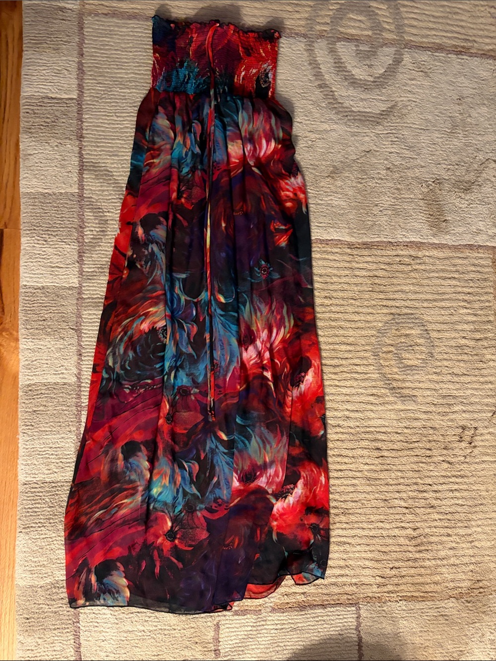 Floral Strapless Maxi Skirt Dress in Red & Blue